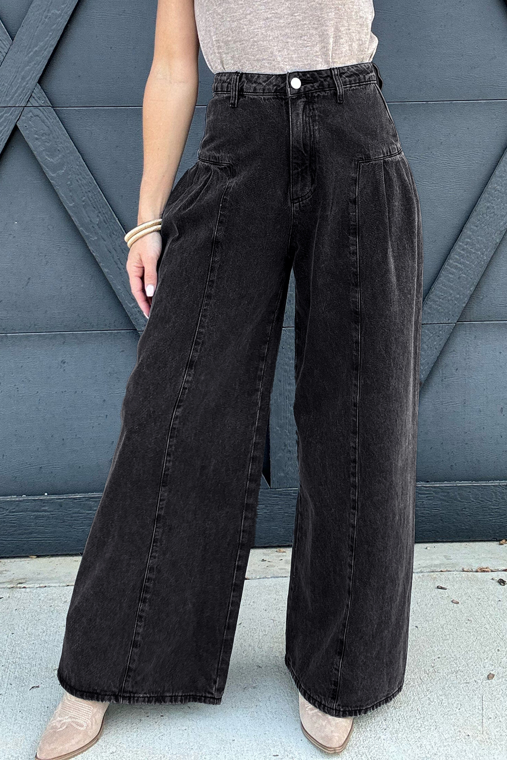 Dark Grey Pleated Wide Leg Mineral Wash Denim Pants - loveforevers