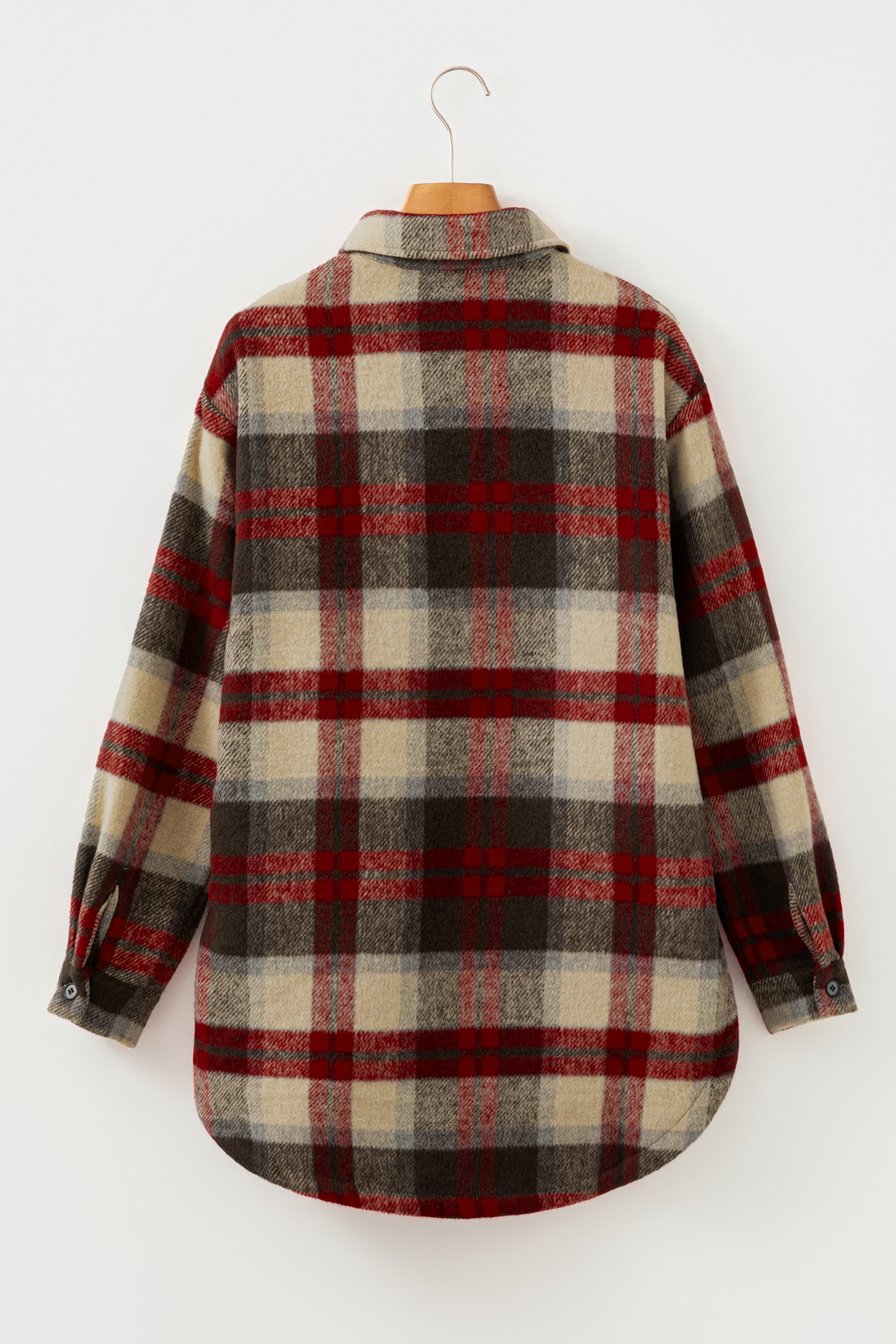 Red Brushed Plaid Buttoned Front Side Slit Tunic Shacket - loveforevers