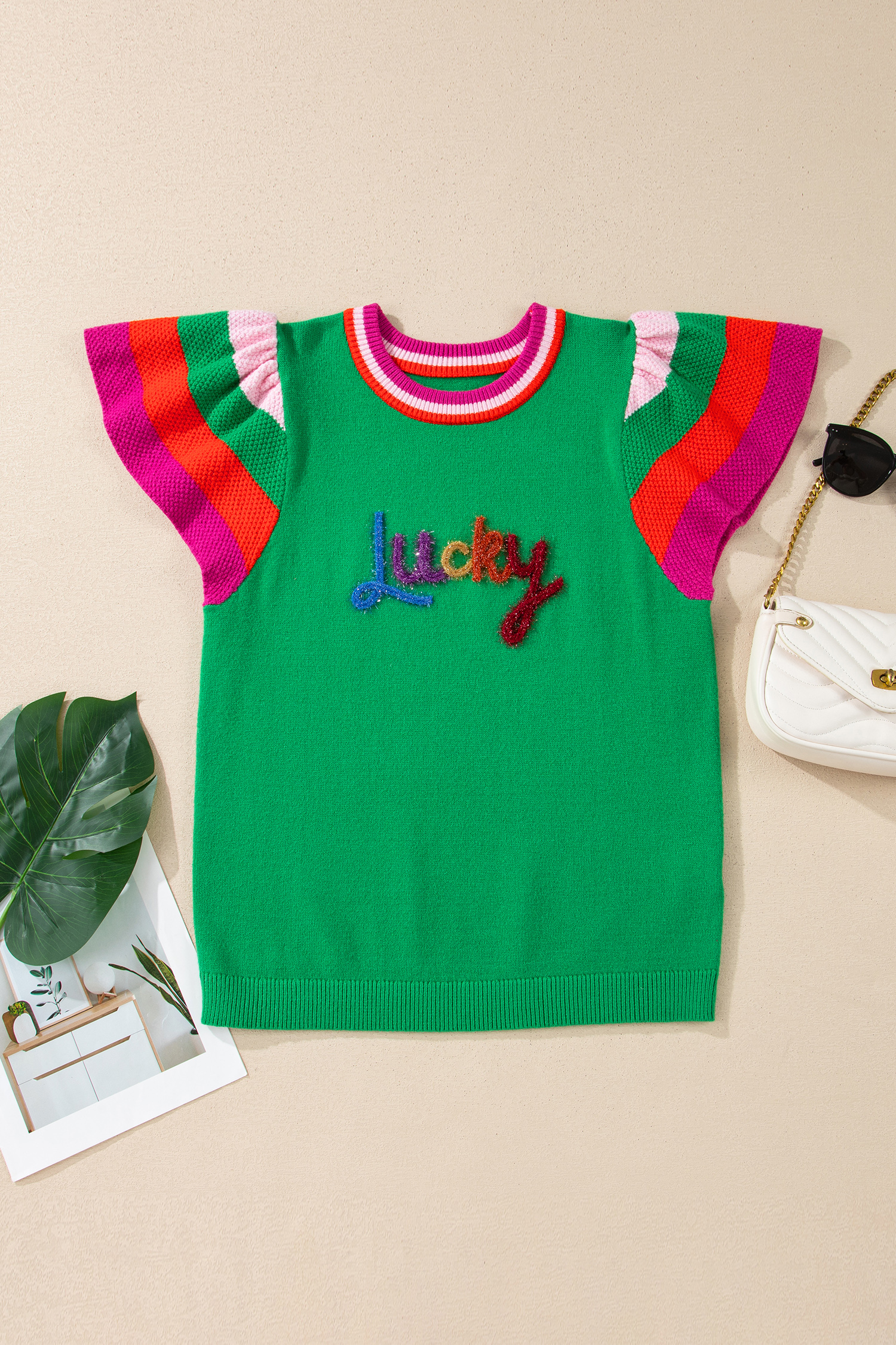 Bright Green Shiny Lucky Striped Flutter Sleeve Round Neck Sweater - loveforevers