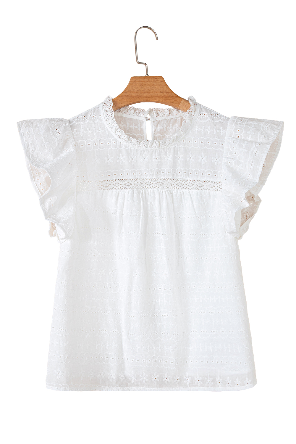 White Lace Neckline Flutter Sleeve Eyelets Blouse - loveforevers