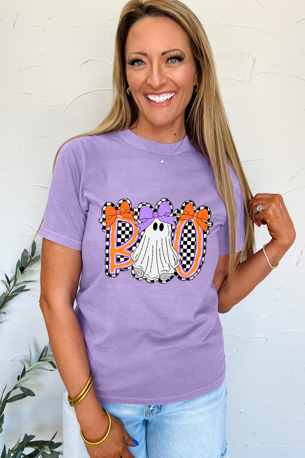 Wisteria Boo Checkered Bow Ghost Halloween Graphic Tee - loveforevers