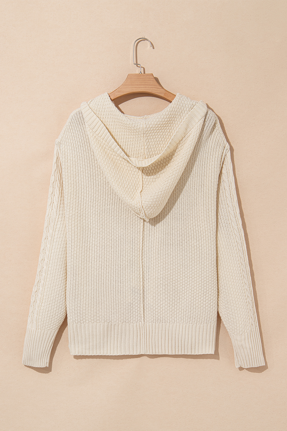 White Cable Knit Texture Uneven Hem Hooded Chic Cardigan - loveforevers