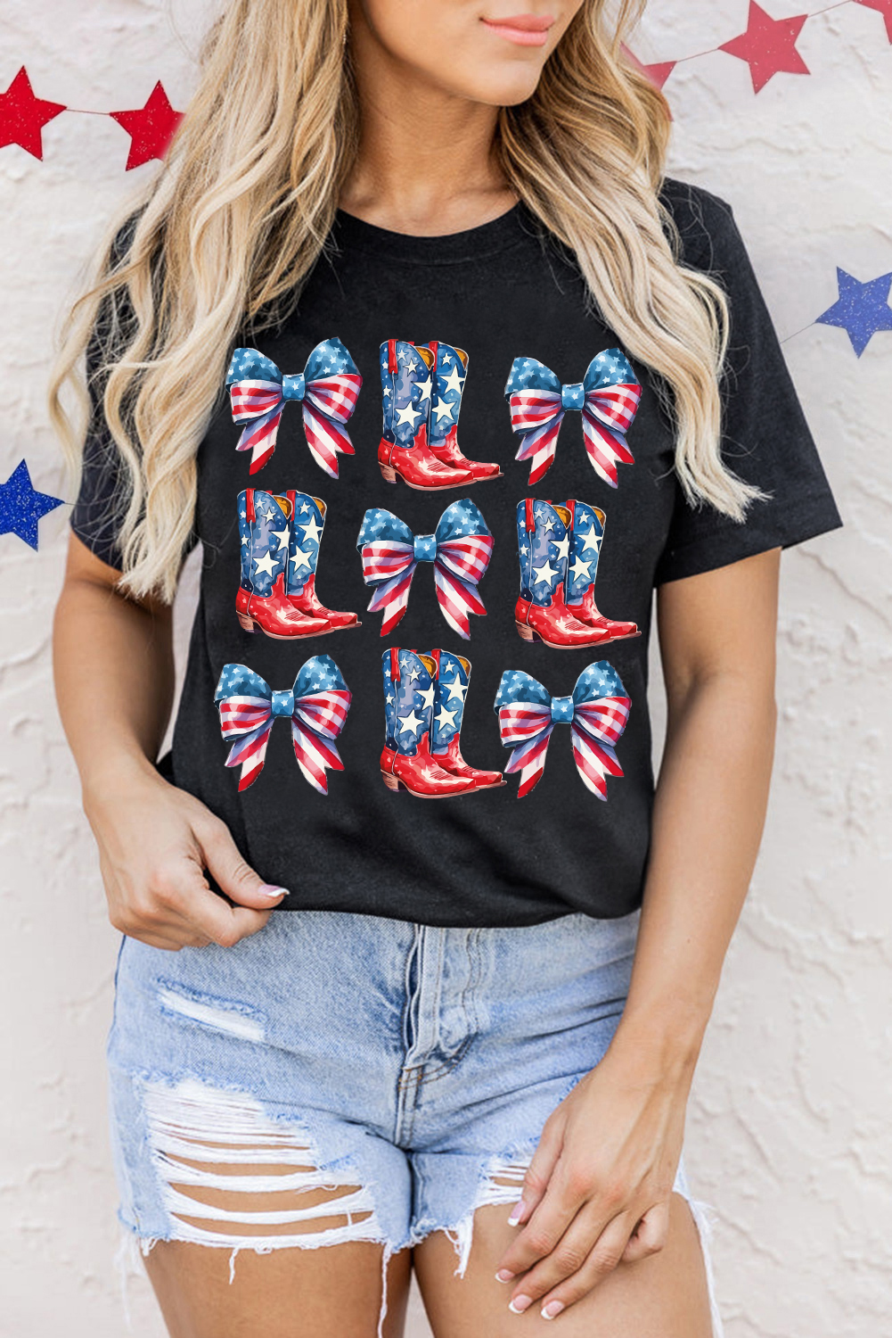 Black Stars and Stripes Bowknot Cowgirl Boots Graphic Patriotic Tee - loveforevers