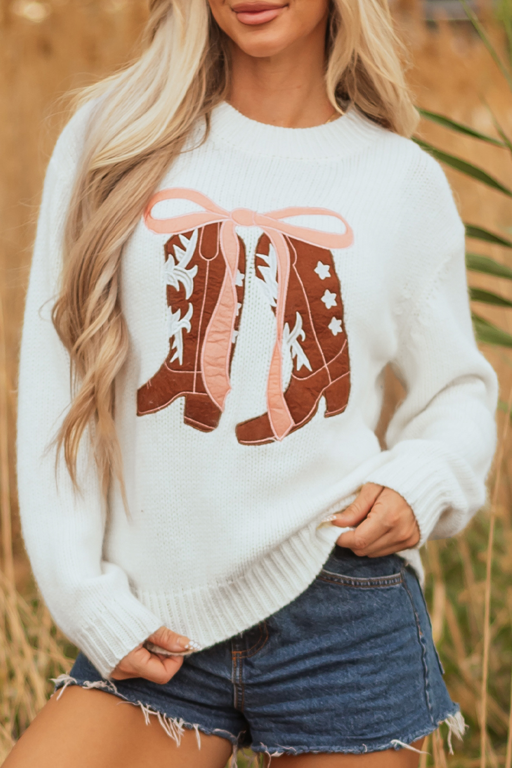 White Embroidered Bow Boots Graphic Drop Shoulder Sweater - loveforevers