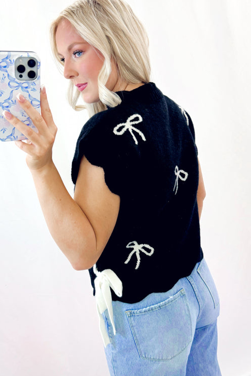 Black Bow Print Side Ties Scalloped Hem Sweater T Shirt - loveforevers