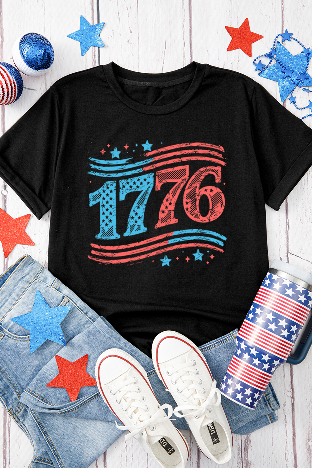 Black 1776 American Flag Theme Print Crew Neck T Shirt - loveforevers