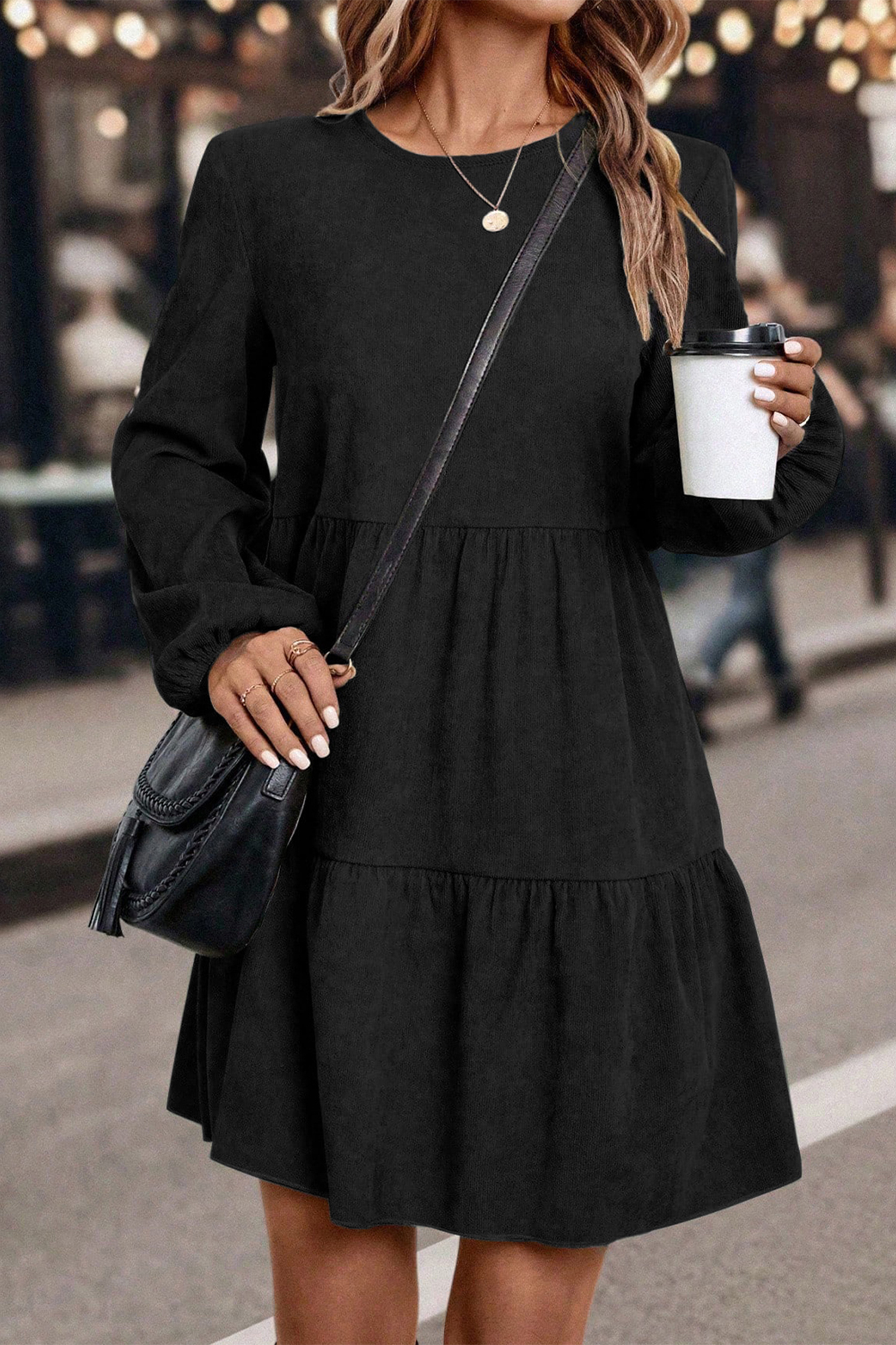 Black Lantern Sleeve Tiered Mini Dress - loveforevers