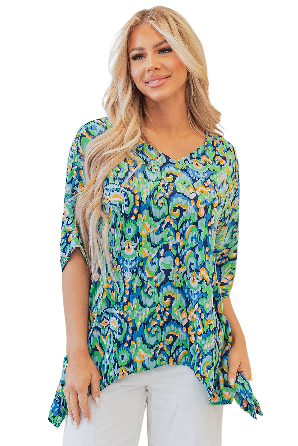 Pink Abstract Print V Neck Half Sleeve Loose Fit Tunic Blouse - loveforevers