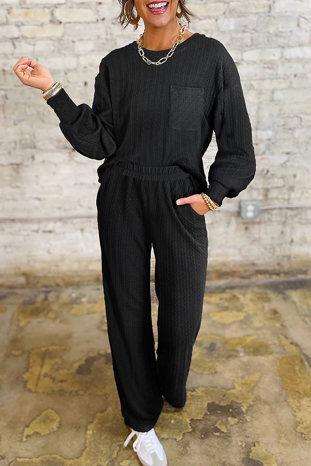 Black Textured Chest Pocket Long Sleeve Top 2Pcs Pants Set - loveforevers