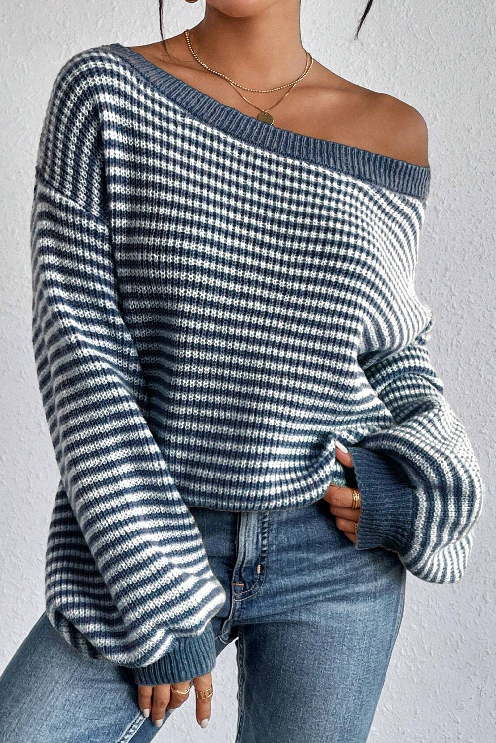 Sail Blue Striped Lantern Sleeve Drop Shoulder Cozy Sweater - loveforevers