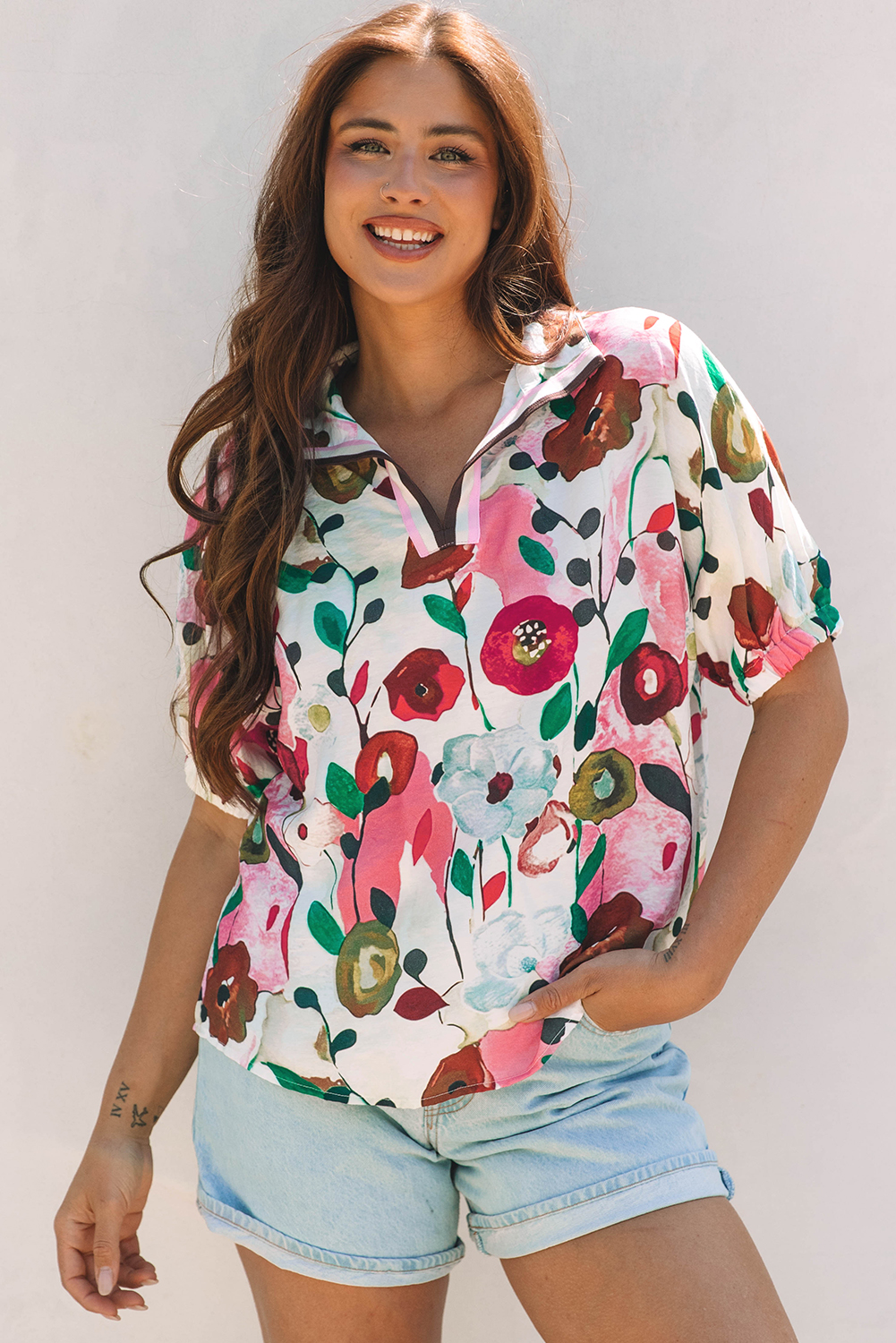 Pink Floral Print Slit V Neck Short Sleeve Blouse - loveforevers