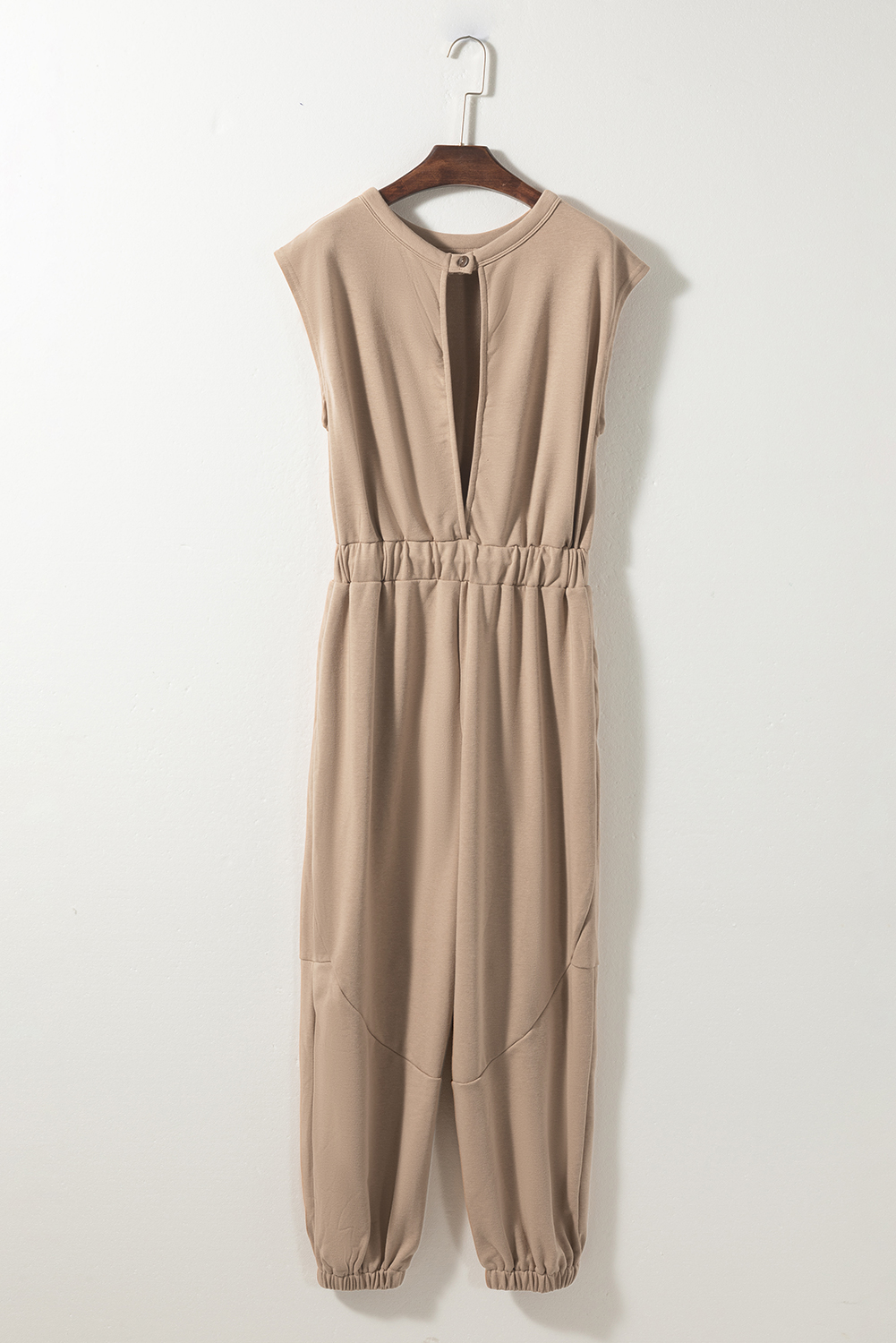 Light French Beige Cap Sleeve Open Back Drawstring Jogger Jumpsuit - loveforevers