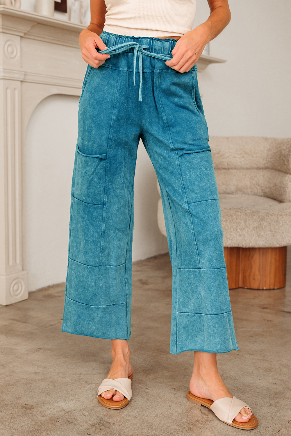 Lapis Mineral Wash Lace-up High Waist Raw Hem Patched Pocket Pants - loveforevers