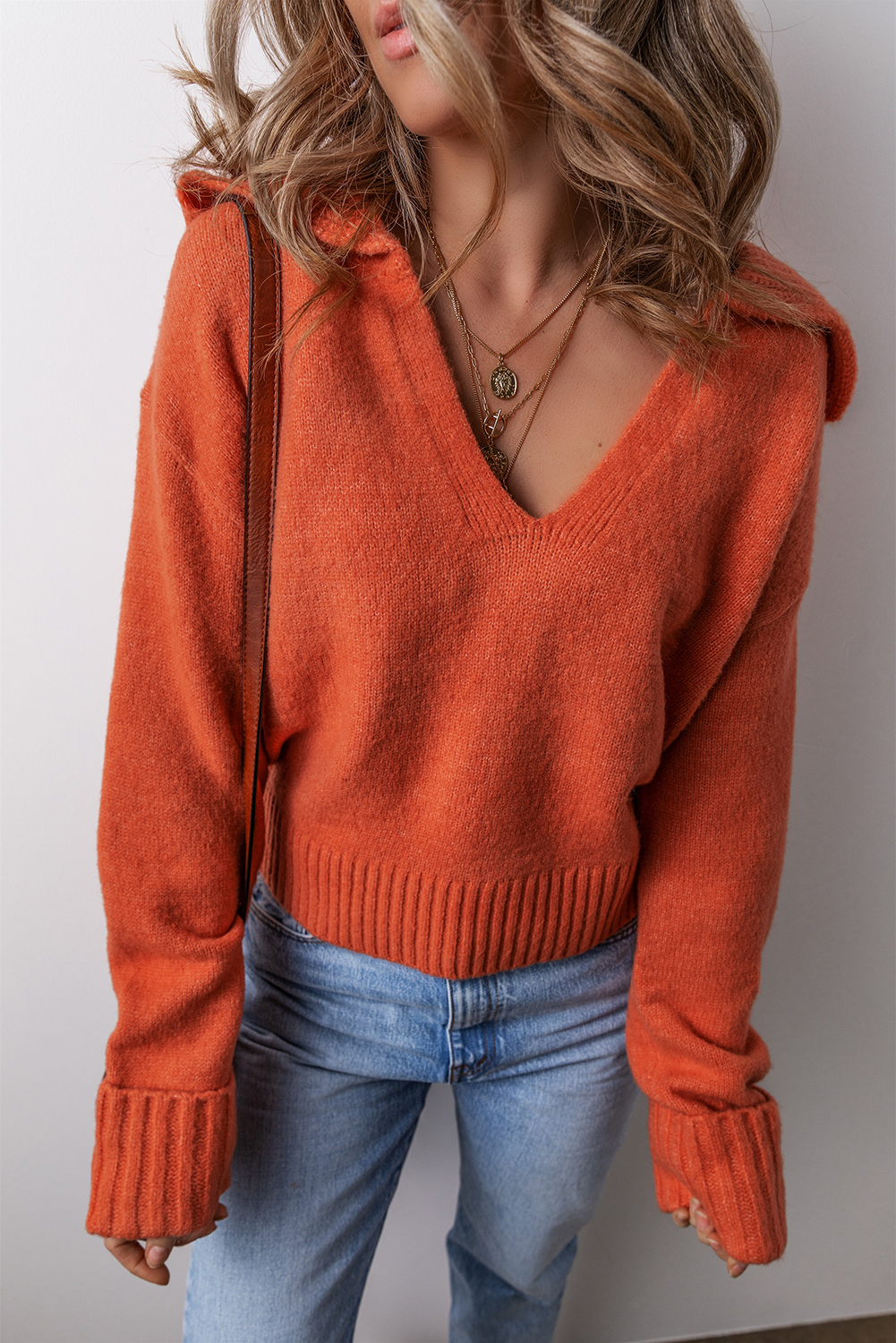 Racing Red Collared V Neck Ribbed Edge Sexy Elegant Sweater - loveforevers