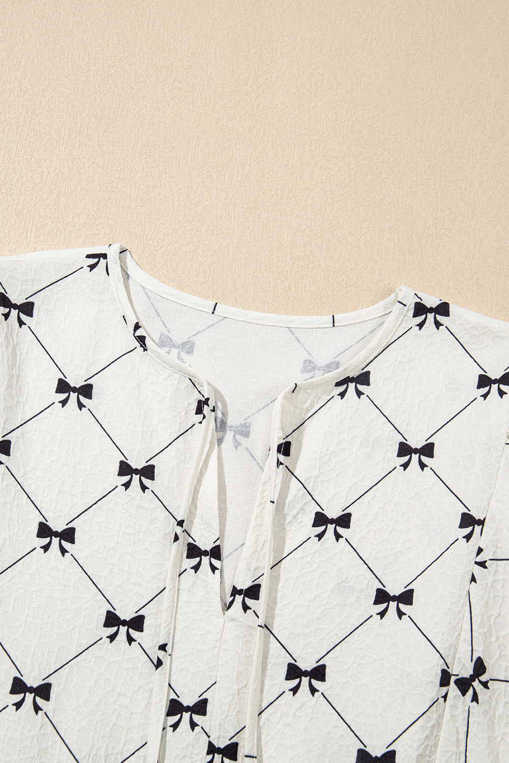 White Bowtie Pattern Textured Puff Half Sleeve Loose Mini Dress - loveforevers