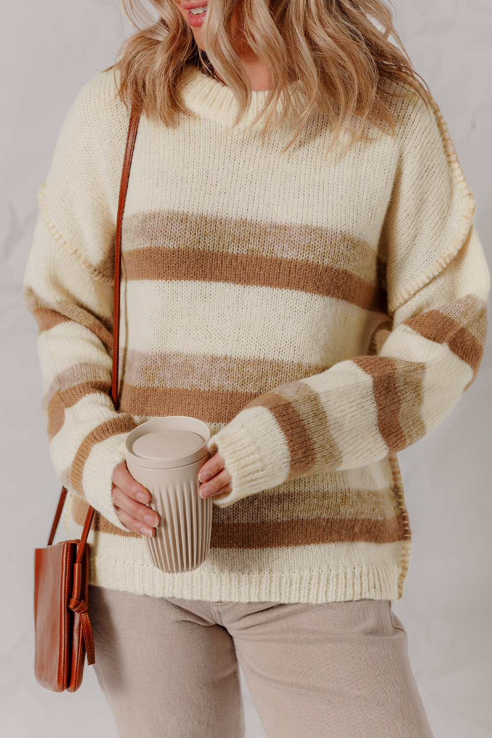 Khaki Stripe Exposed Seam Drop Shoulder Knit Baggy Sweater - loveforevers