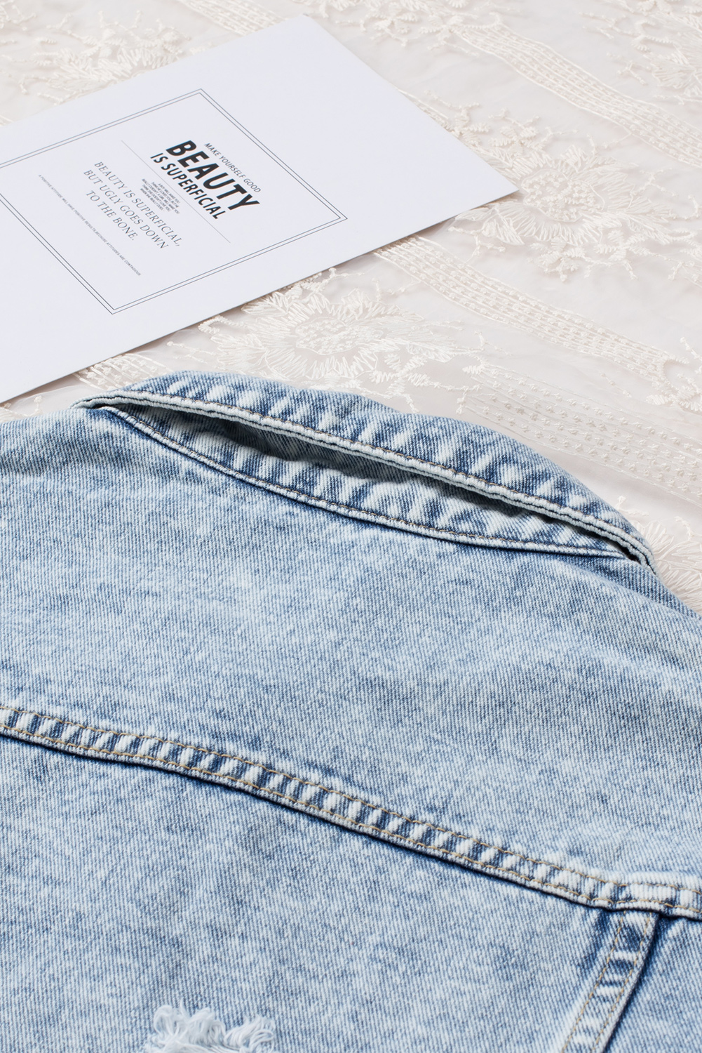 Sky Blue Lapel Distressed Raw Hem Buttons Denim Jacket - loveforevers