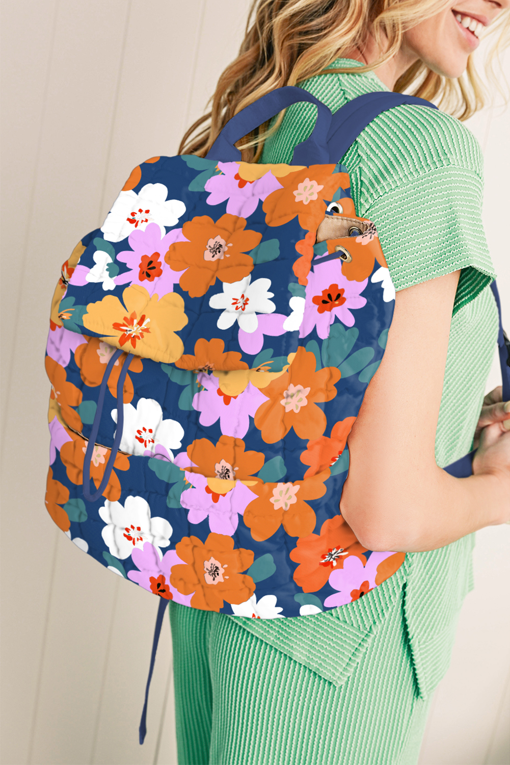 Sail Blue Flower Print Quilted Large Backpack - loveforevers