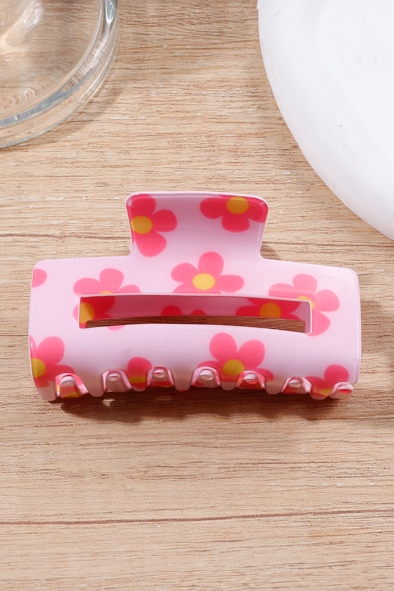 Pink Dainty Flower Printed Rectangular Hollowed Hair Claw Clip - loveforevers