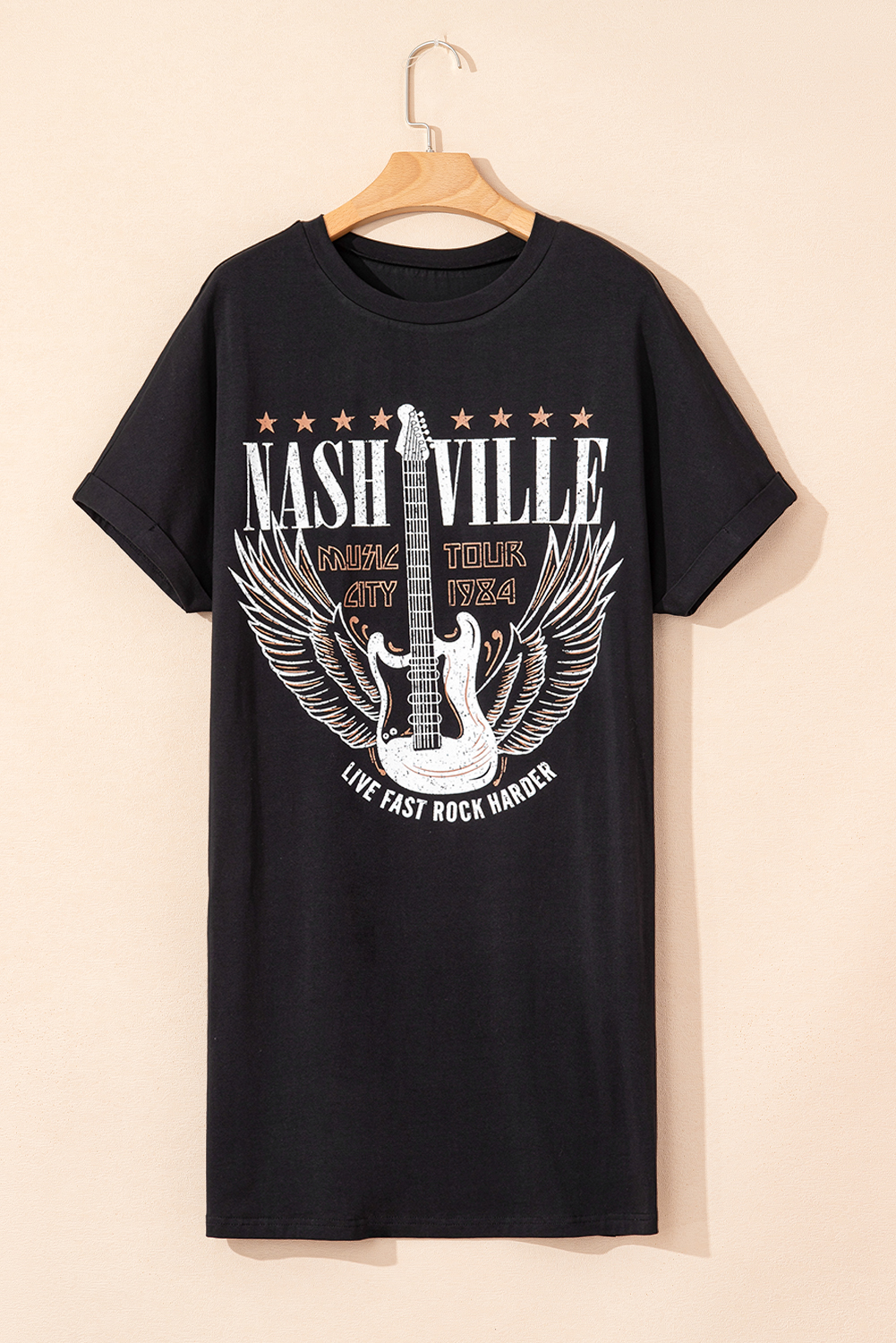 Black Nashville Guitar Print Crew Neck T Shirt Mini Dress - loveforevers