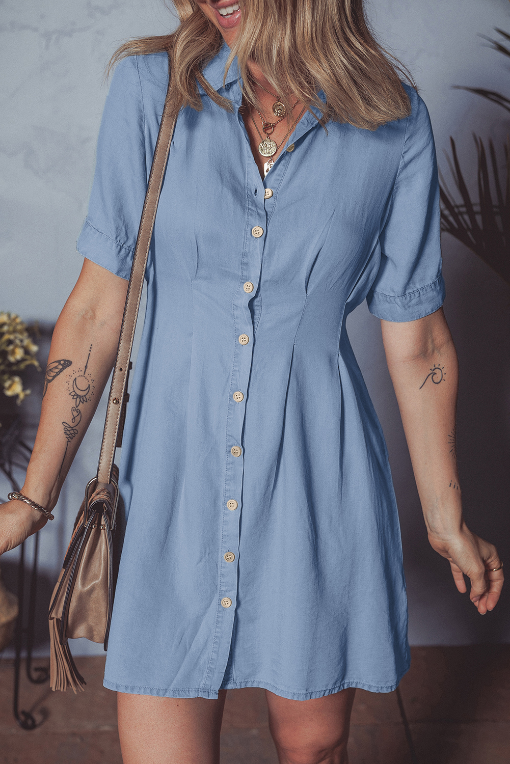 Myosotis Denim Pleated Slim Waist Short Sleeve Shirt Dress - loveforevers