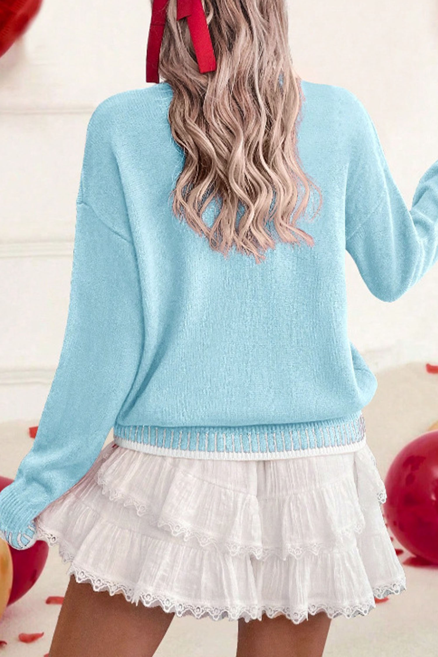 Light Blue Valentine Love Chenille Letter Graphic Sweater - loveforevers