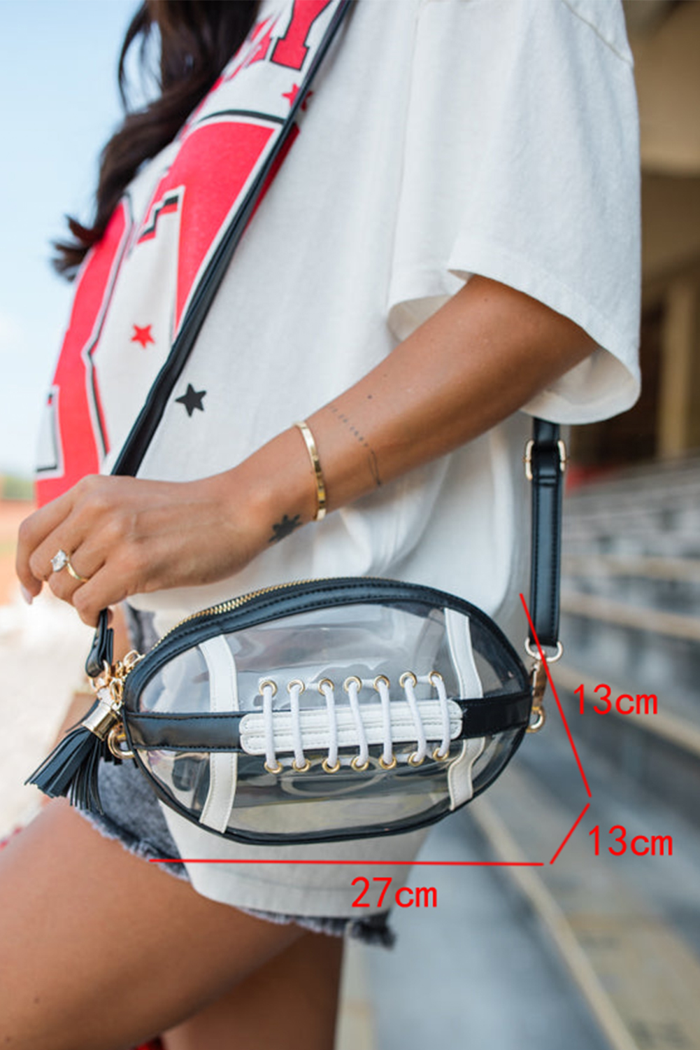 Black Rugby Football Contrast Trim Fringe PVC Clear Shoulder Bag - loveforevers