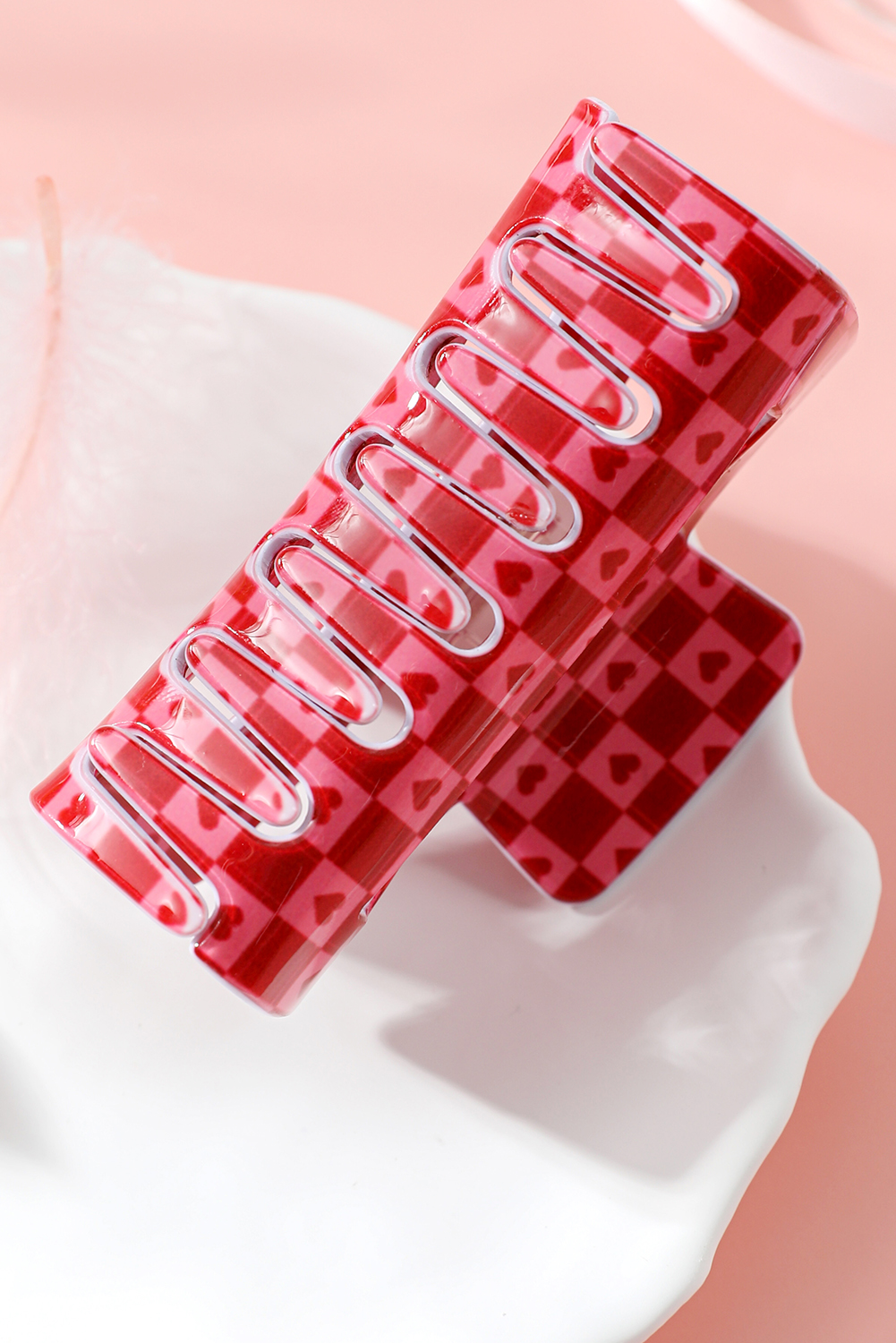 Racing Red Heart Checkered Print Cut Out Hair Claw Clip - loveforevers
