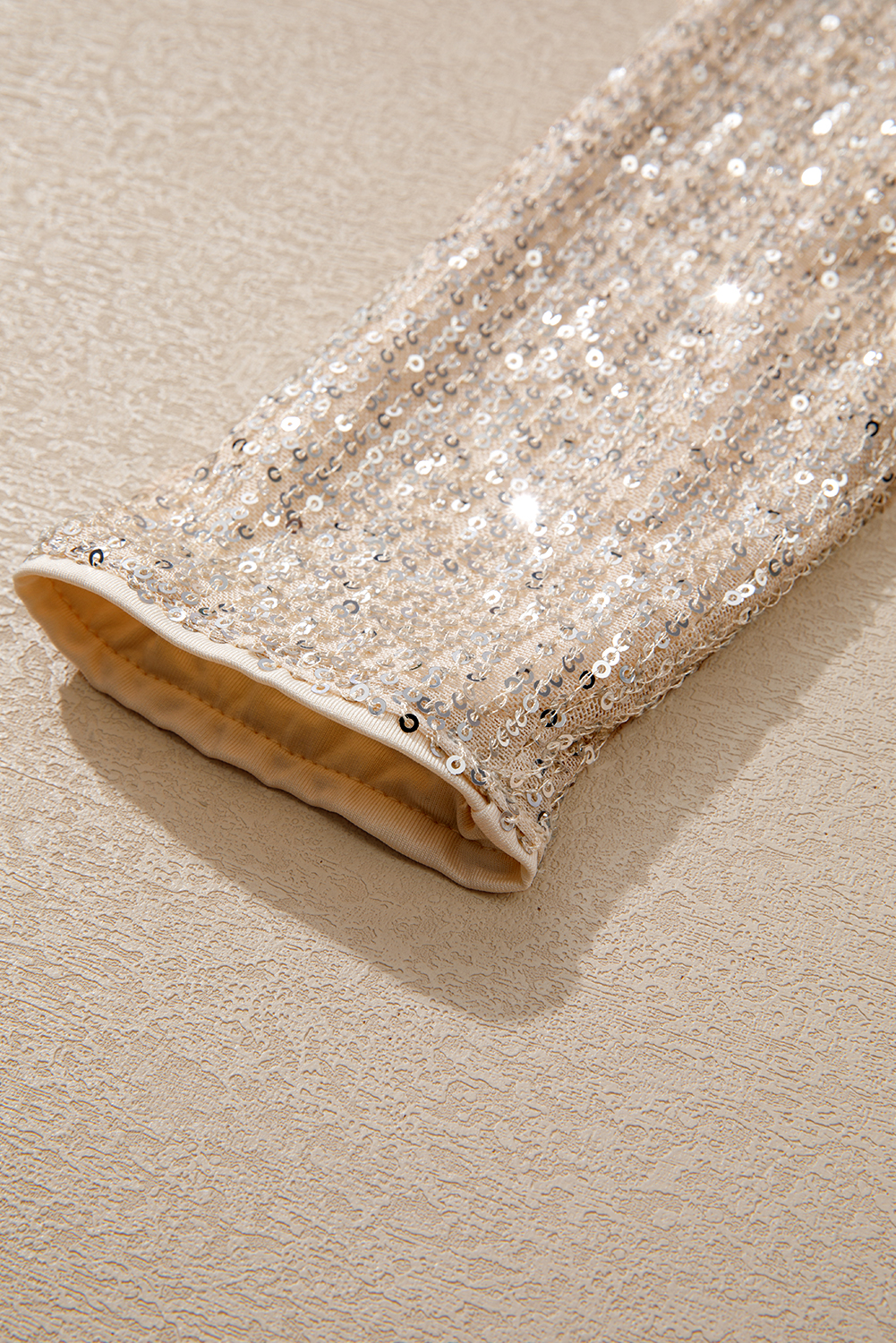 Beige Sequin Long Sleeve Wrap V Neck Bodysuit - loveforevers