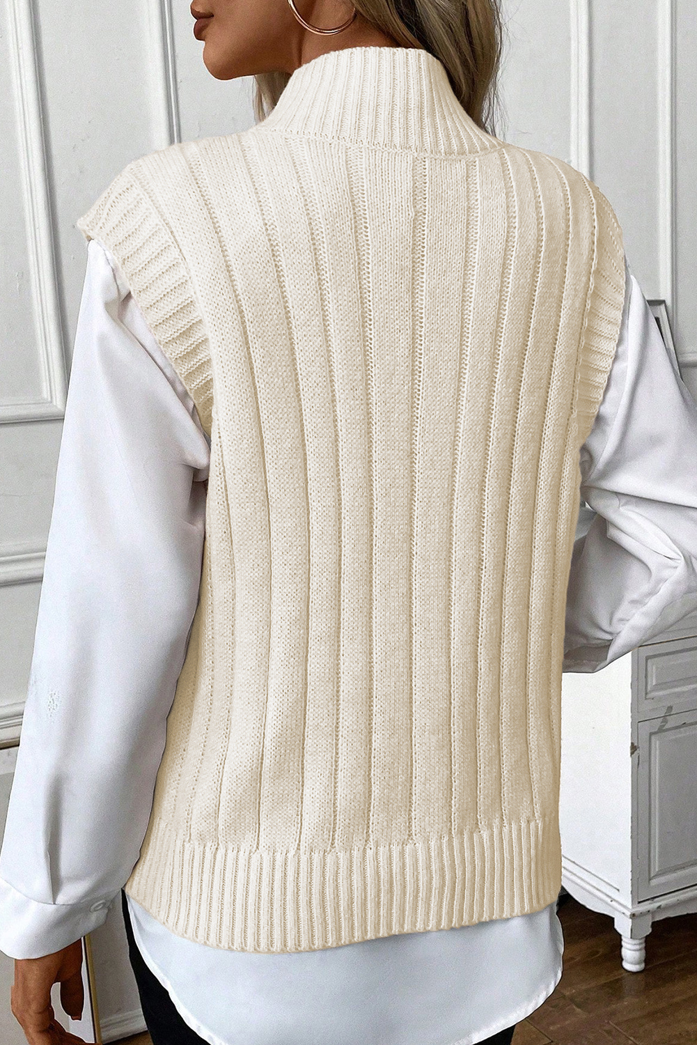 Oatmeal Cable Knit High Neck Sweater Vest - loveforevers