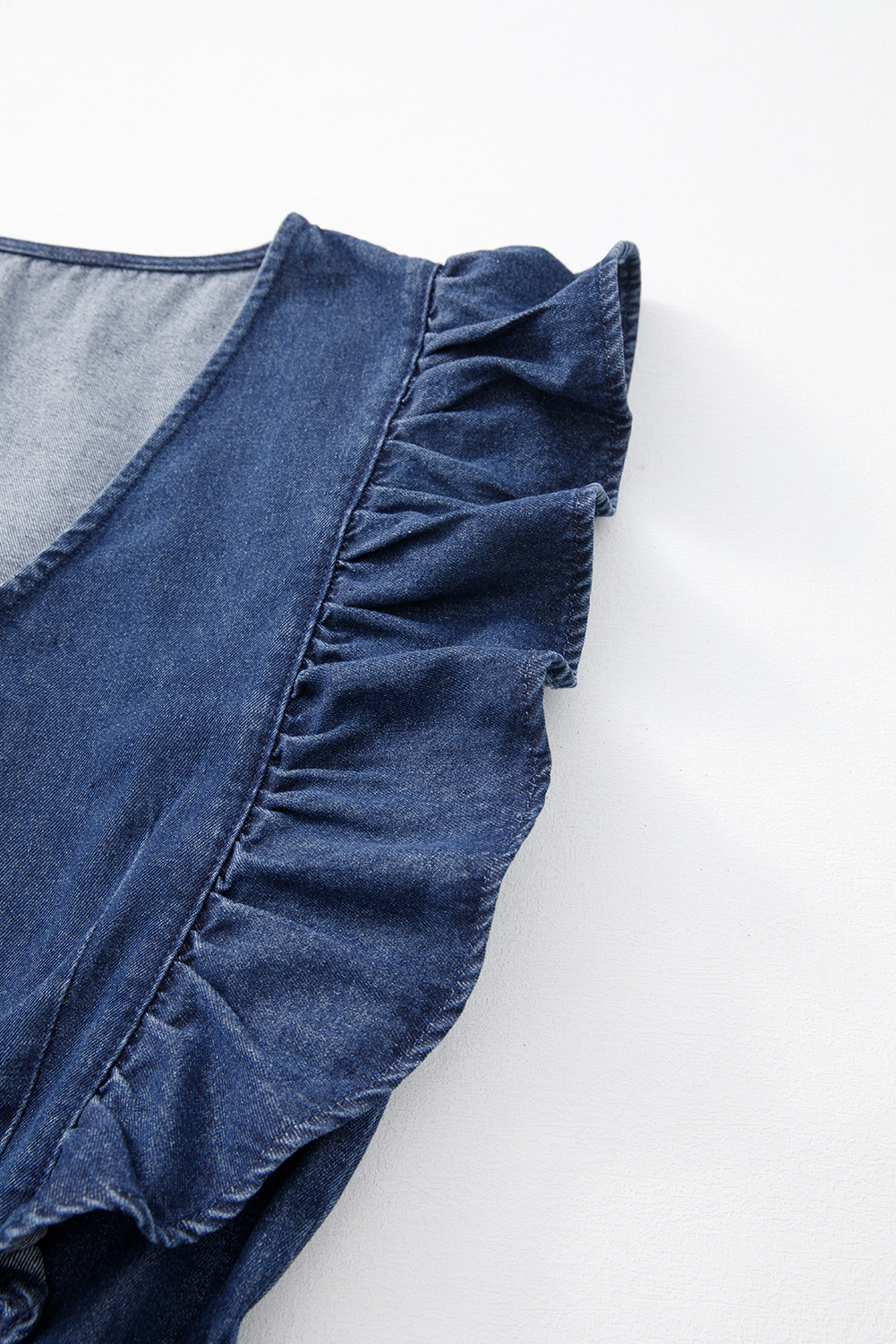 Sail Blue Denim Ruffled Zipped Front Belted Romper - loveforevers