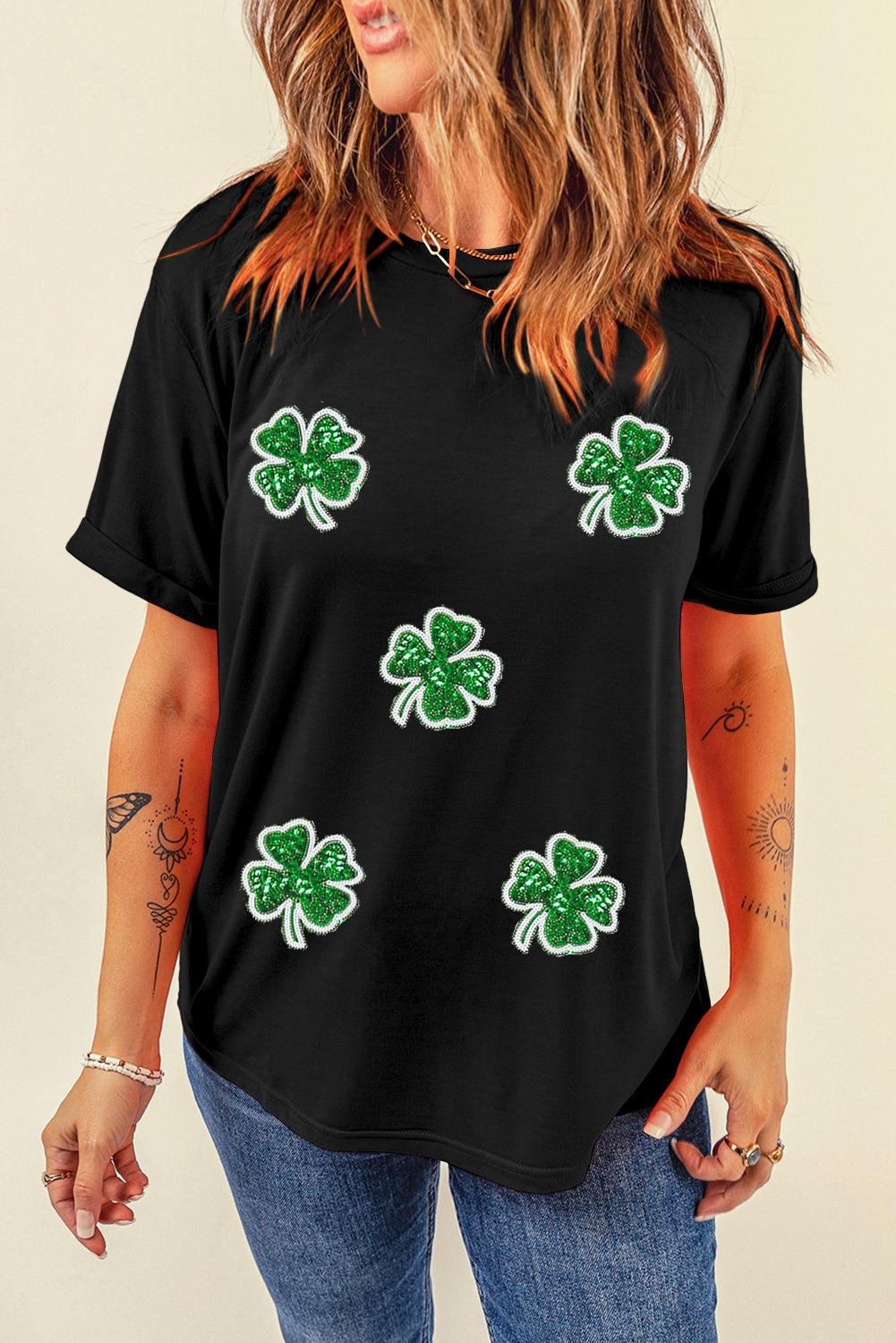 Black Four Leaf Clover Graphic St. Patricks Crewneck Tee - loveforevers