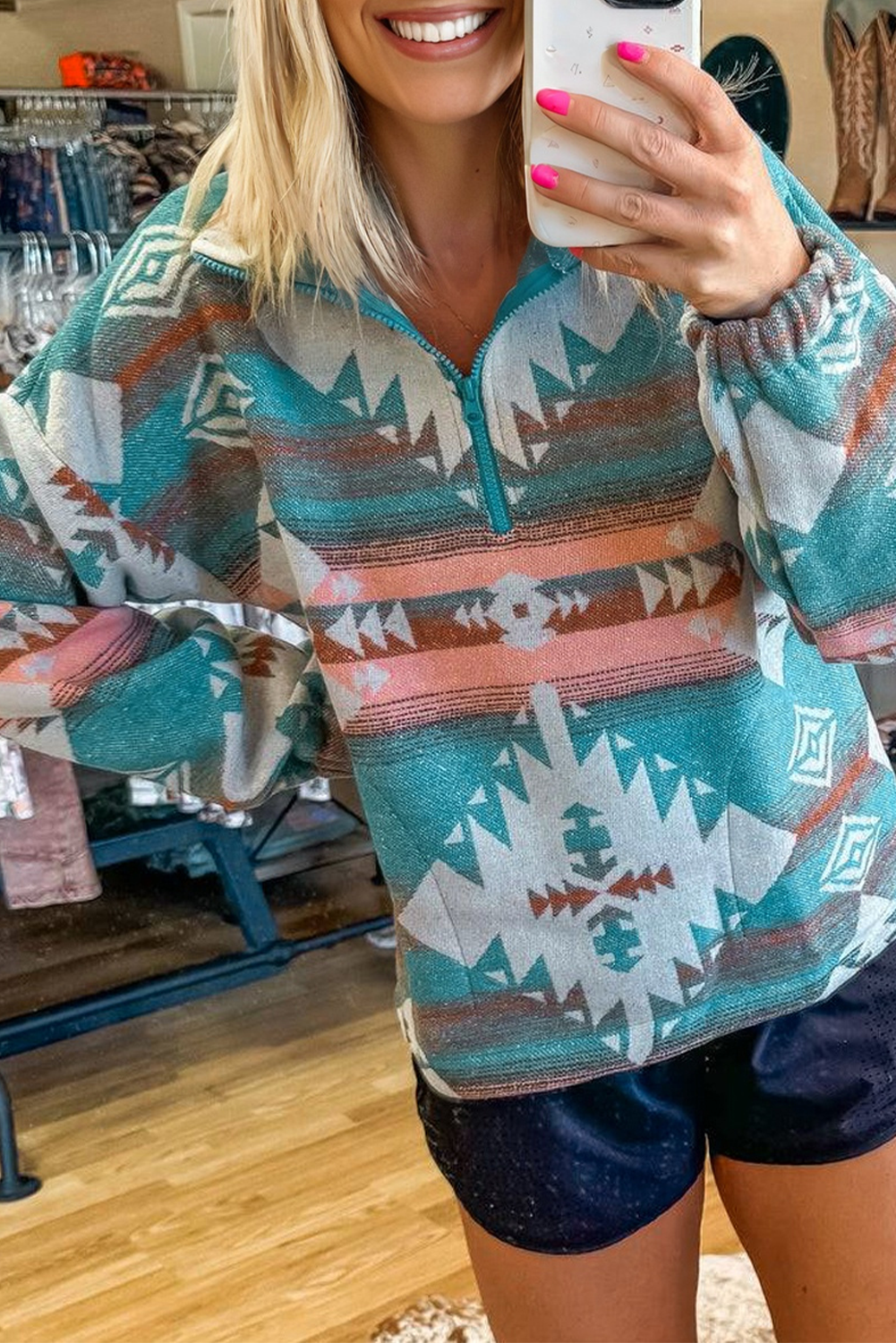 Green Quarter Zip Elastic Cuffs Aztec Sweatshirt - loveforevers
