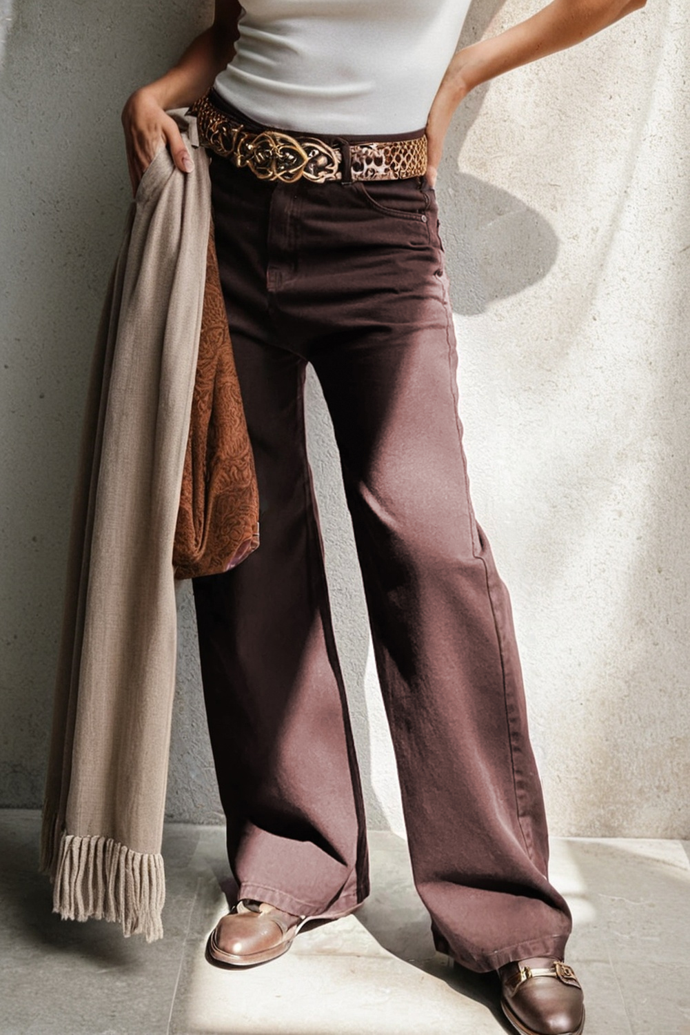 Coffee Loose Straight High Waist Solid Color Jeans - loveforevers