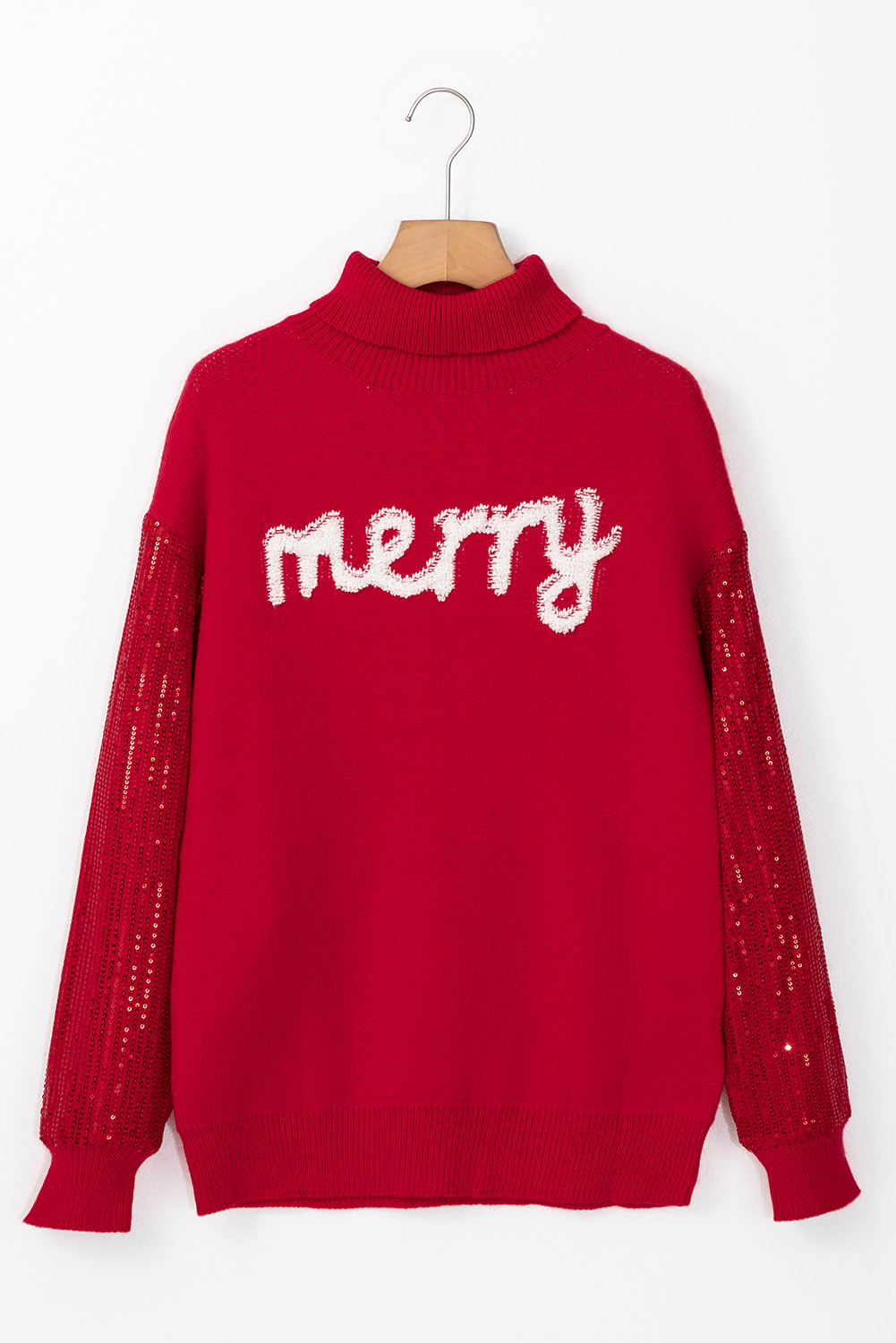 Fiery Red Merry Letter Embroidered High Neck Sweater - loveforevers