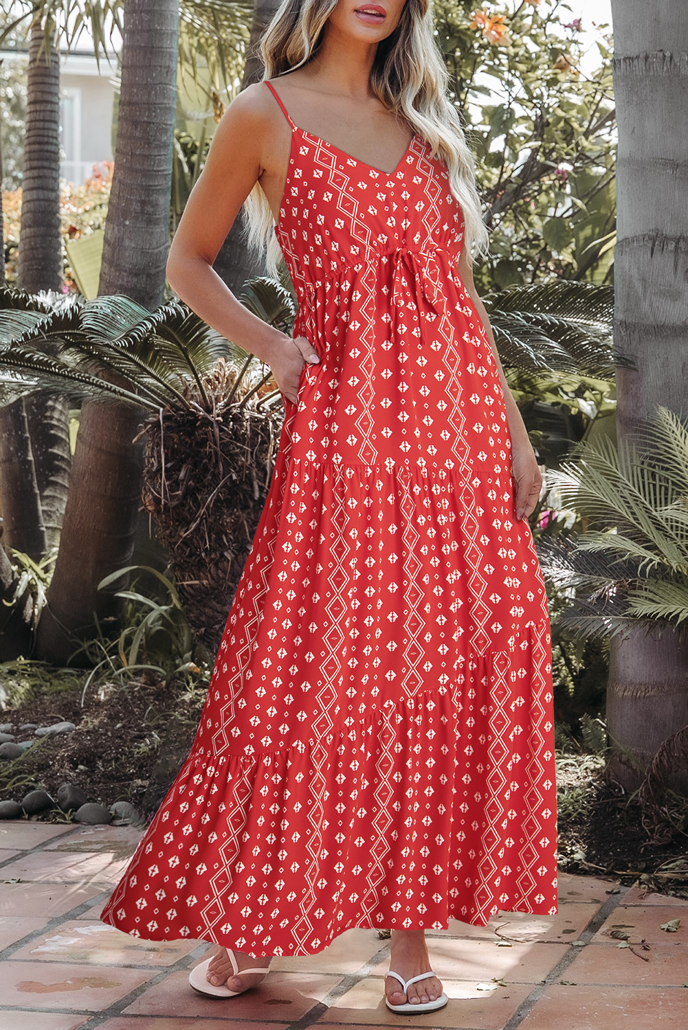 Red Boho Fashion Print Spaghetti Straps Drawstring Maxi Dress - loveforevers