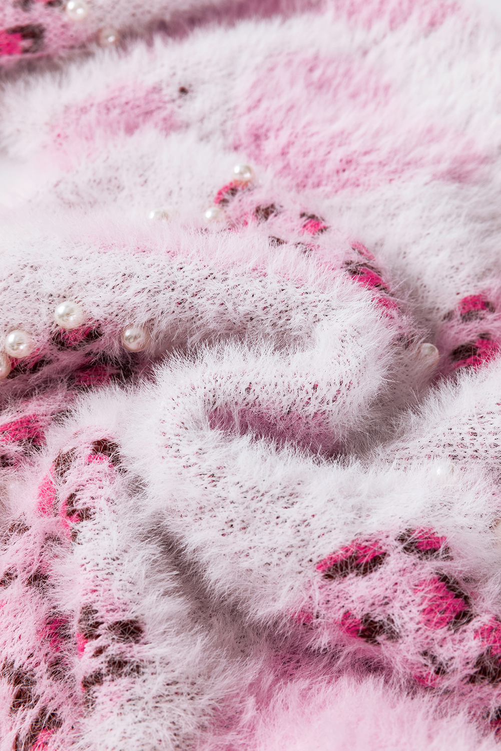 Pink Heart Leopard Print Pearled Ribbed Trim Fuzzy Sweater - loveforevers