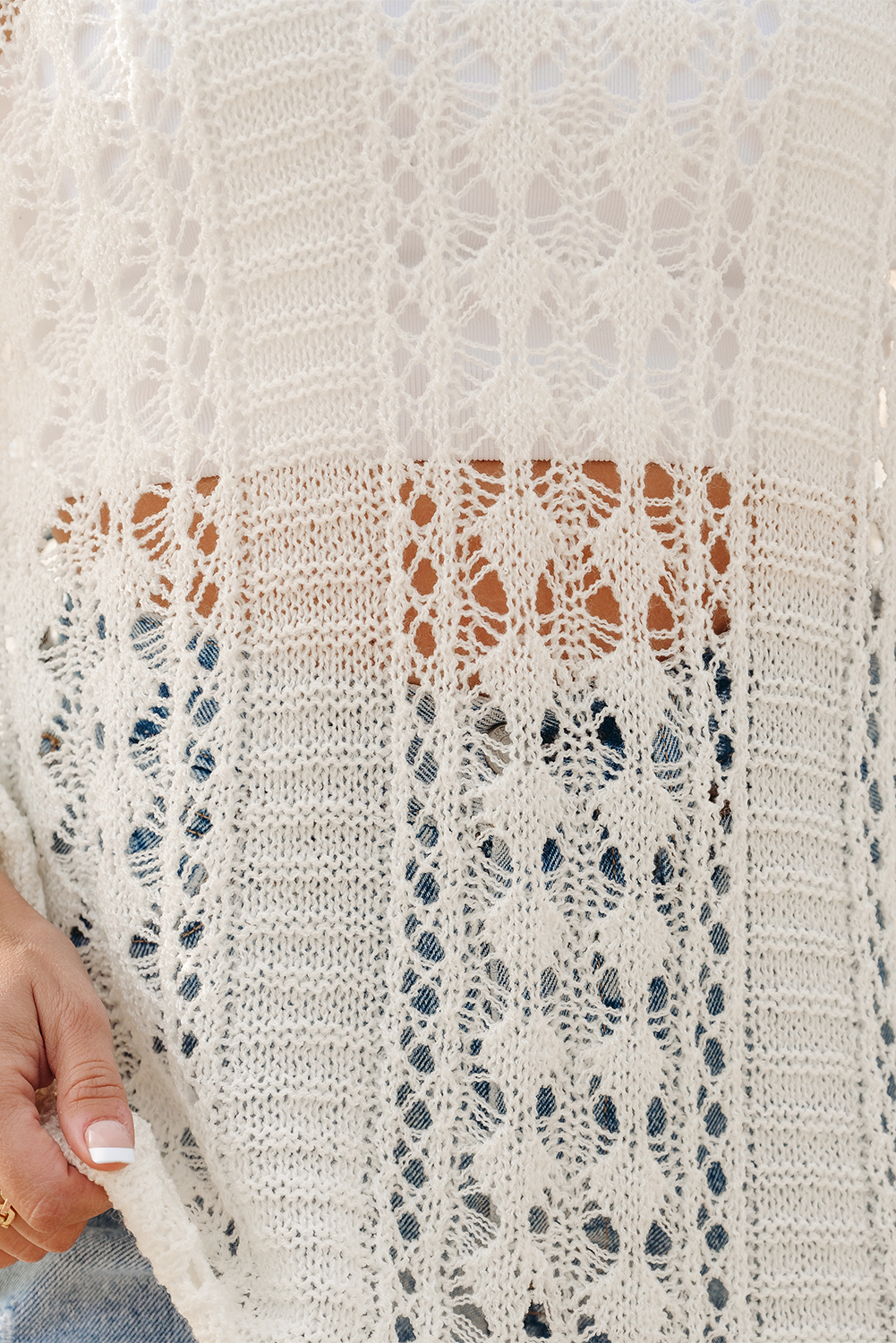 White Hollow Out Knit Bracelet Sleeve Drop Shoulder Sweater - loveforevers