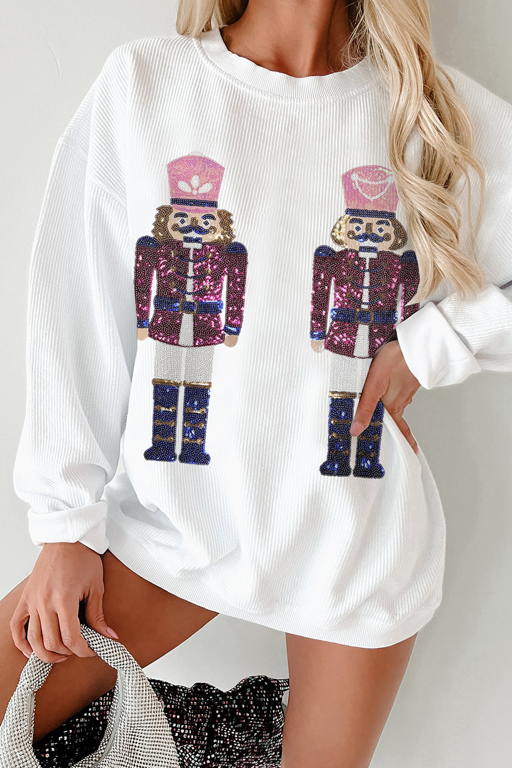 White Sequined Nutcracker Doll Christmas Fashion Corded Baggy Sweatshirt - loveforevers