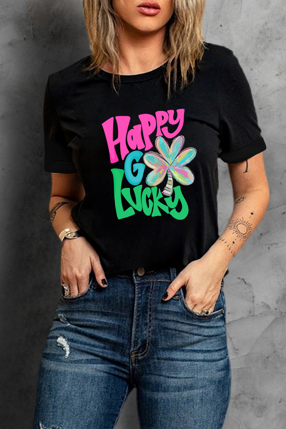 Black St. Patricks Lucky Clover Print O Neck T Shirt - loveforevers