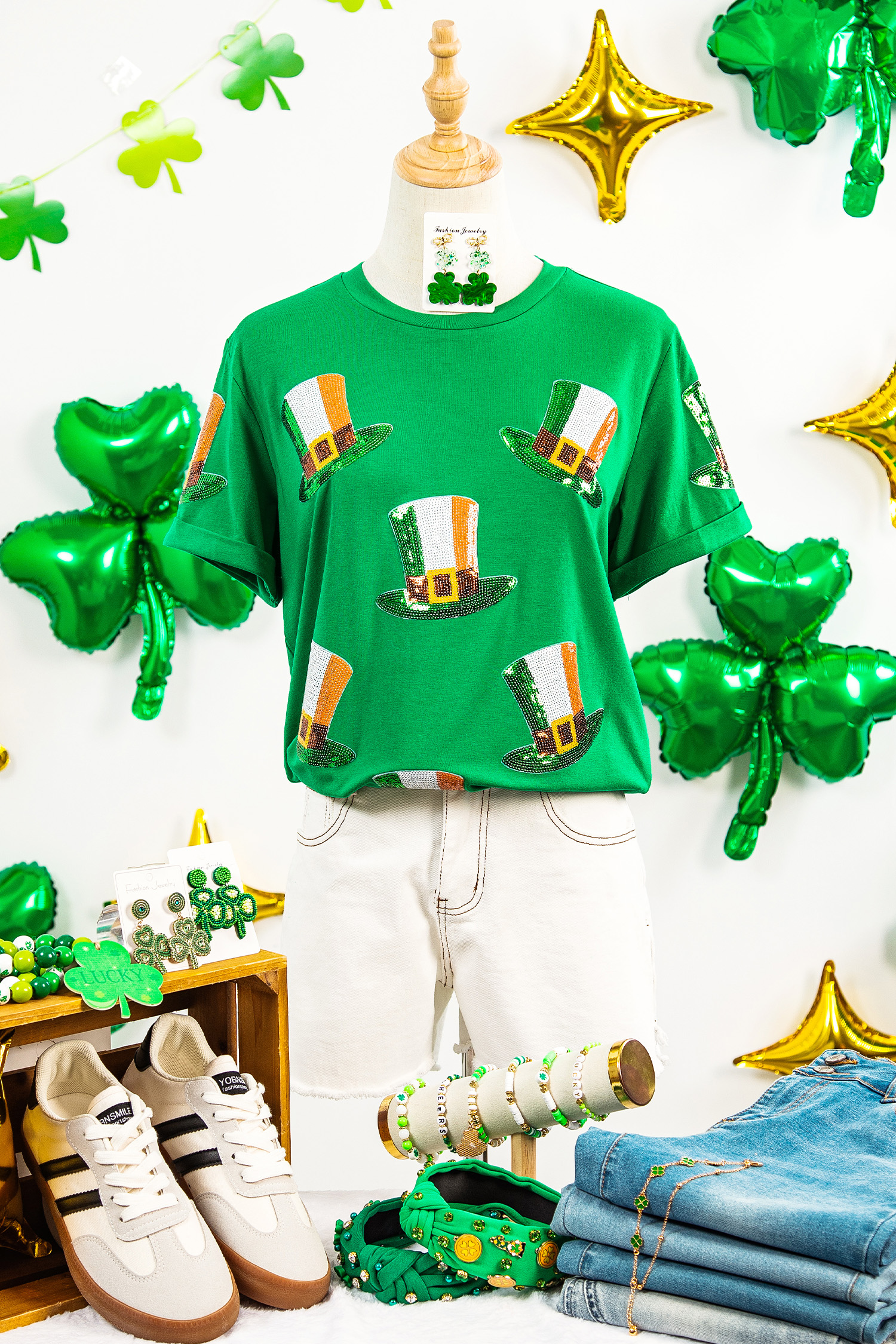 Bright Green Sequin St Patricks Day Hat Relaxed T Shirt - loveforevers