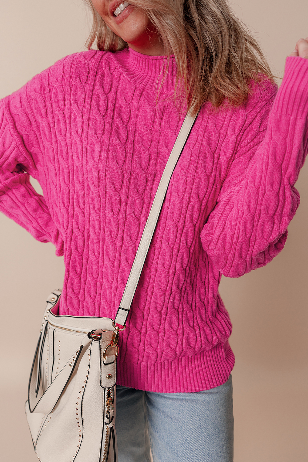 Rose Red Solid Cable Knit High Neck Drop Shoulder Sweater - loveforevers