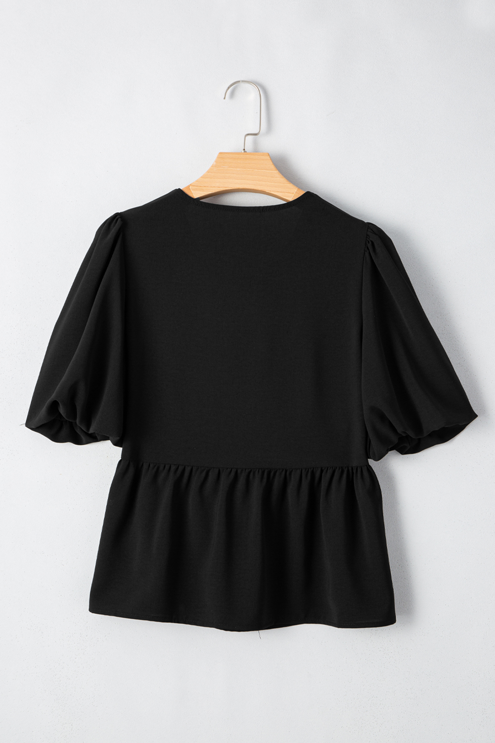 Black Puff Sleeve Bowknot Front Peplum Blouse - loveforevers