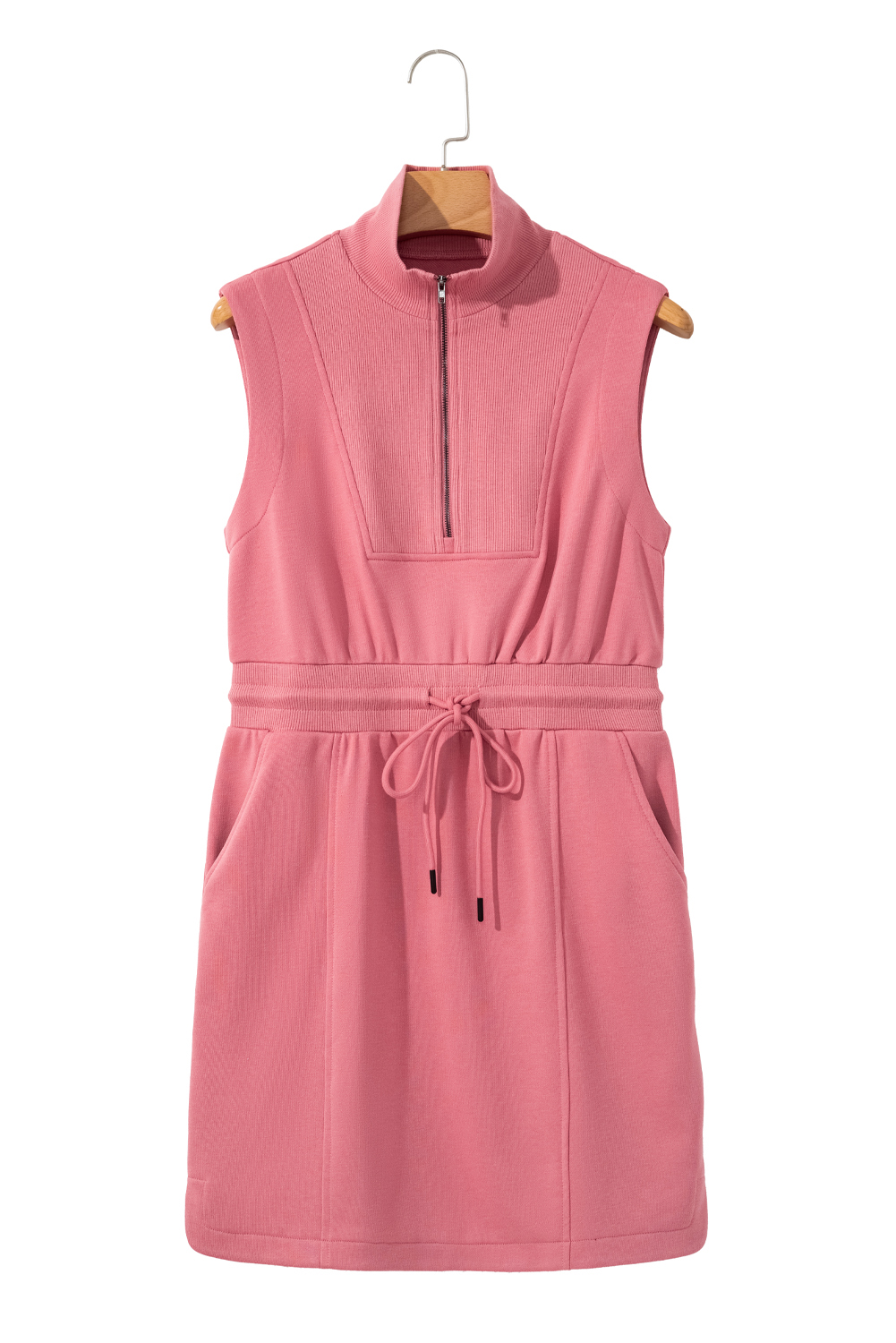 Black French Terry Zipped Collar Sleeveless Drawstring Waist Mini Dress - loveforevers