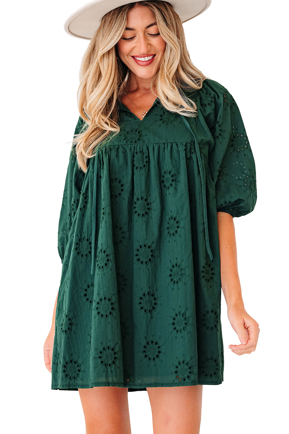Blackish Green Embroidered Eyelet Pattern 3/4 Puffy Sleeve Swing Mini Dress - loveforevers