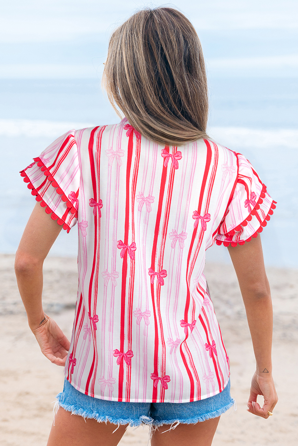 Pink Ric-rac Trim Ruffled Sleeve V Neck Bow Striped Printed Blouse - loveforevers