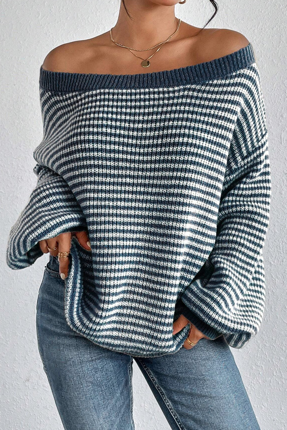 Sail Blue Striped Lantern Sleeve Drop Shoulder Cozy Sweater - loveforevers