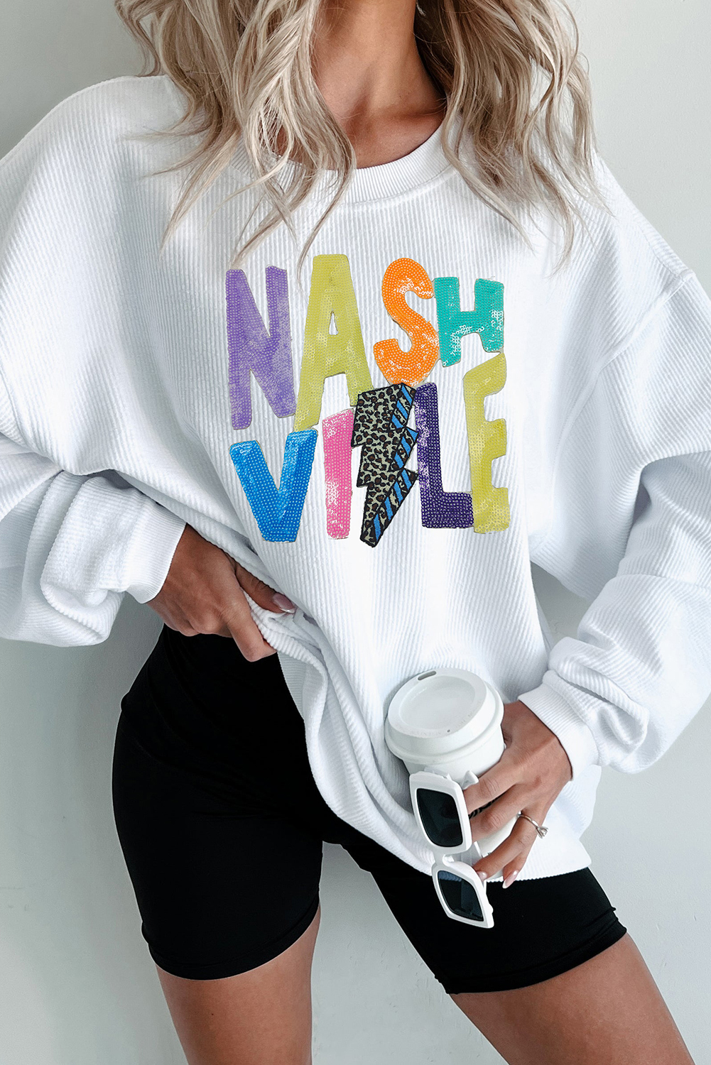 White Nashville Graphic Corded Oversized Sweatshirt - loveforevers
