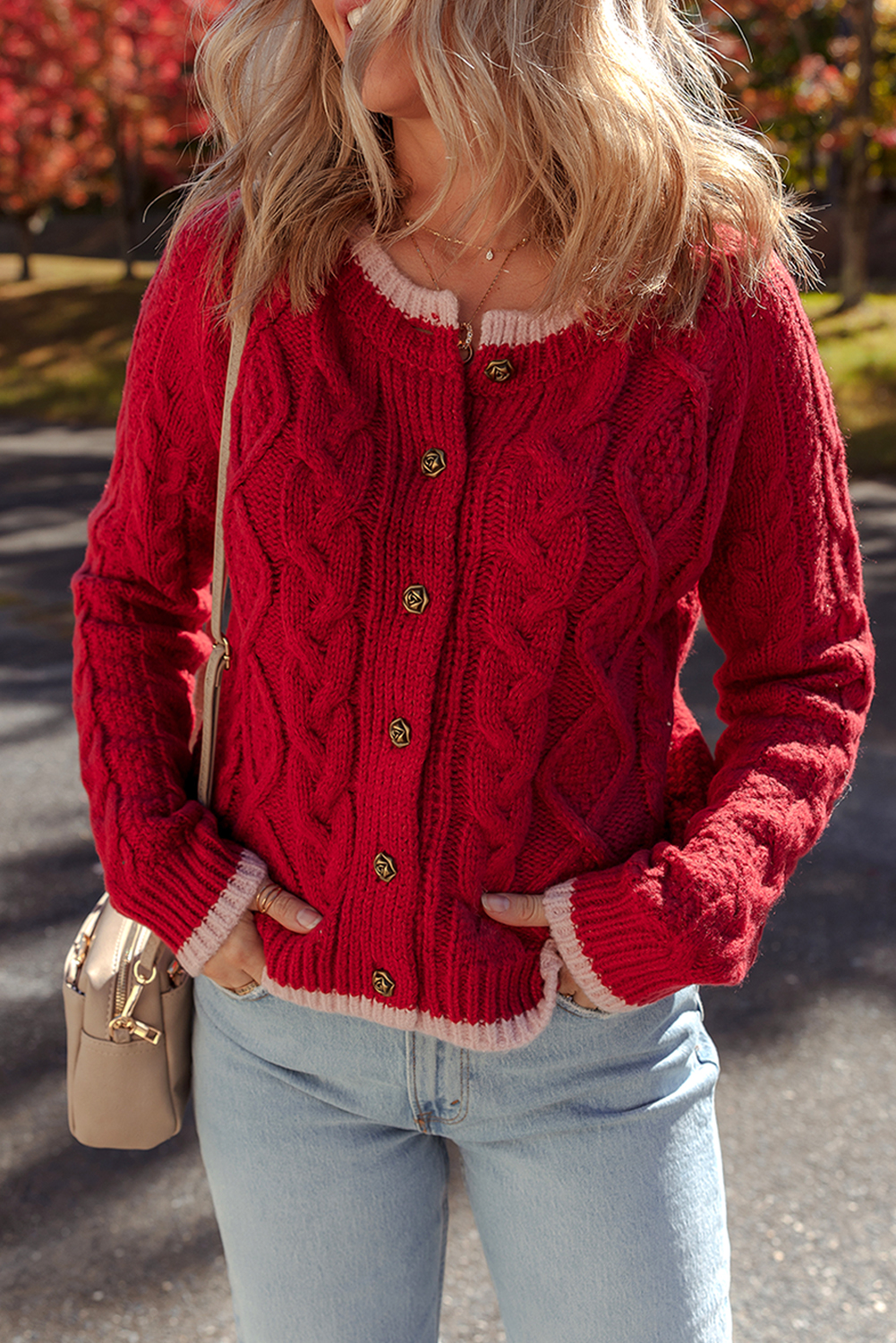 Racing Red Color Contrast Edge Cable Knit Buttoned Cardigan - loveforevers
