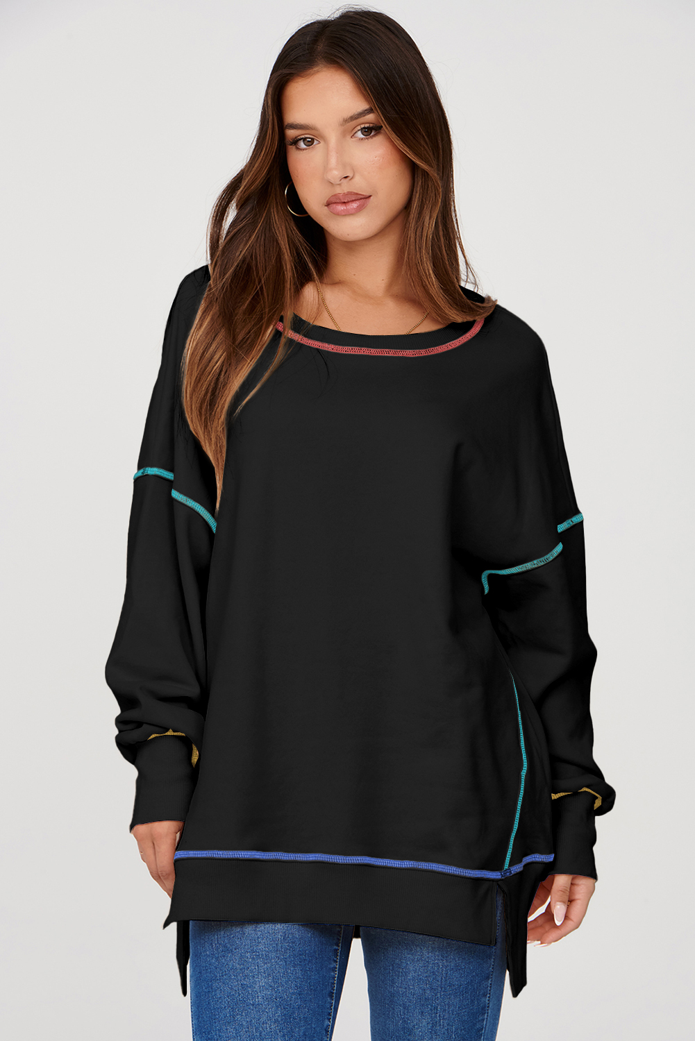 Contrast Stitching Split Baggy Sweatshirt - loveforevers